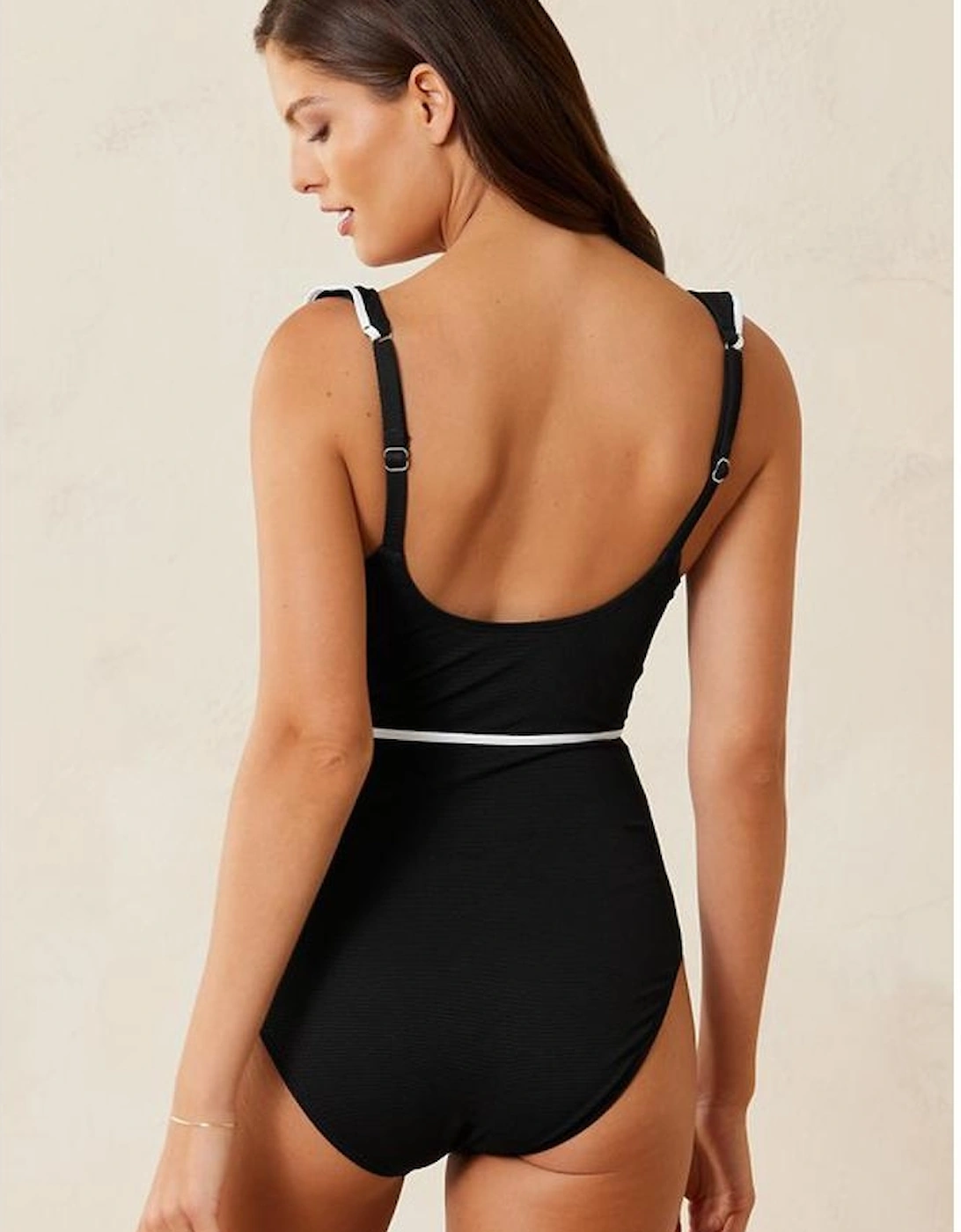Black Color Contrast Ruffled Wrap V Neck Swimsuit