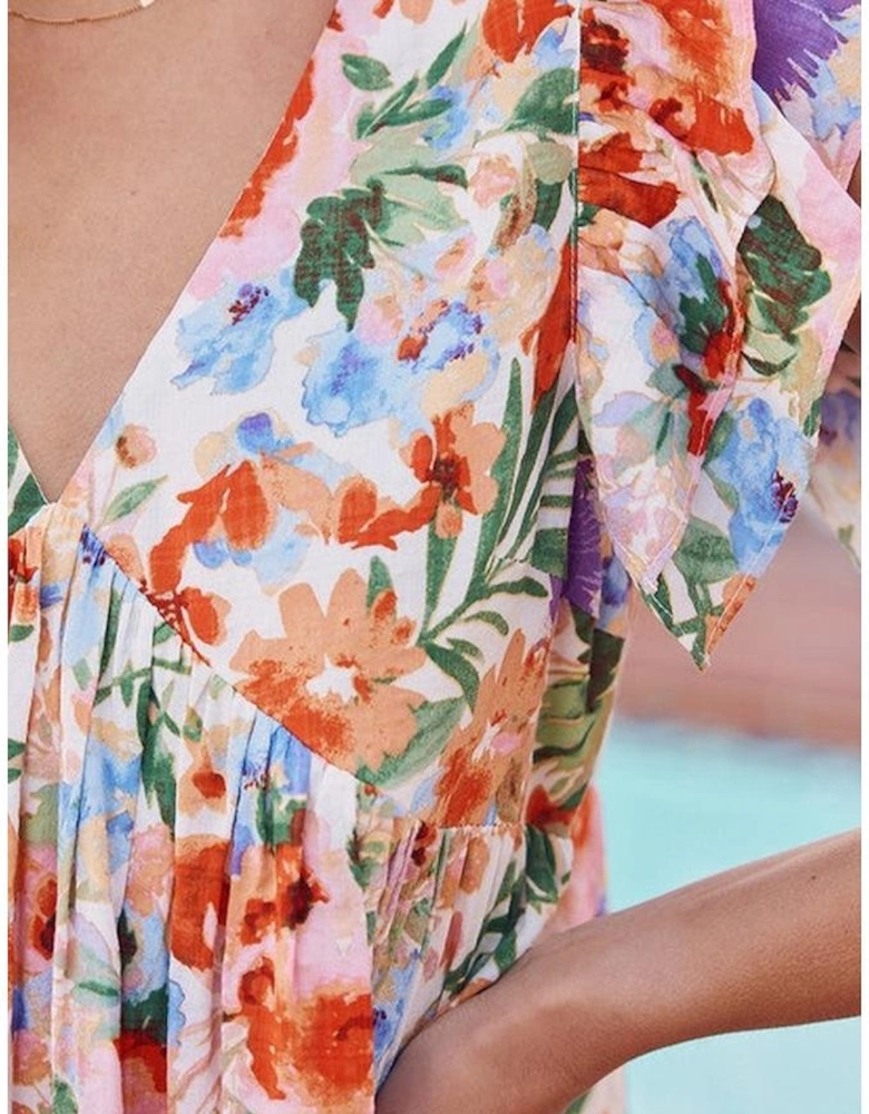 Pink Floral Double Ruffle Sleeve V Neck High Waist Mini Dress