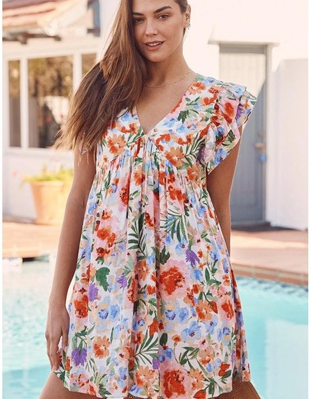 Pink Floral Double Ruffle Sleeve V Neck High Waist Mini Dress