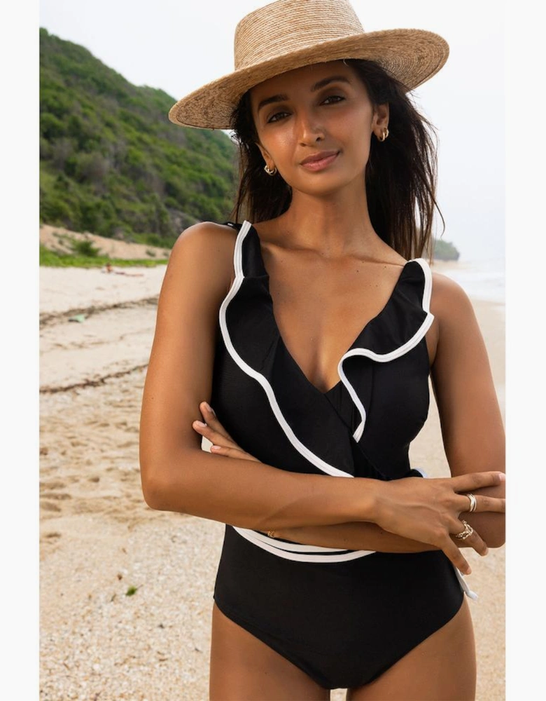Black Color Contrast Ruffled Wrap V Neck Swimsuit