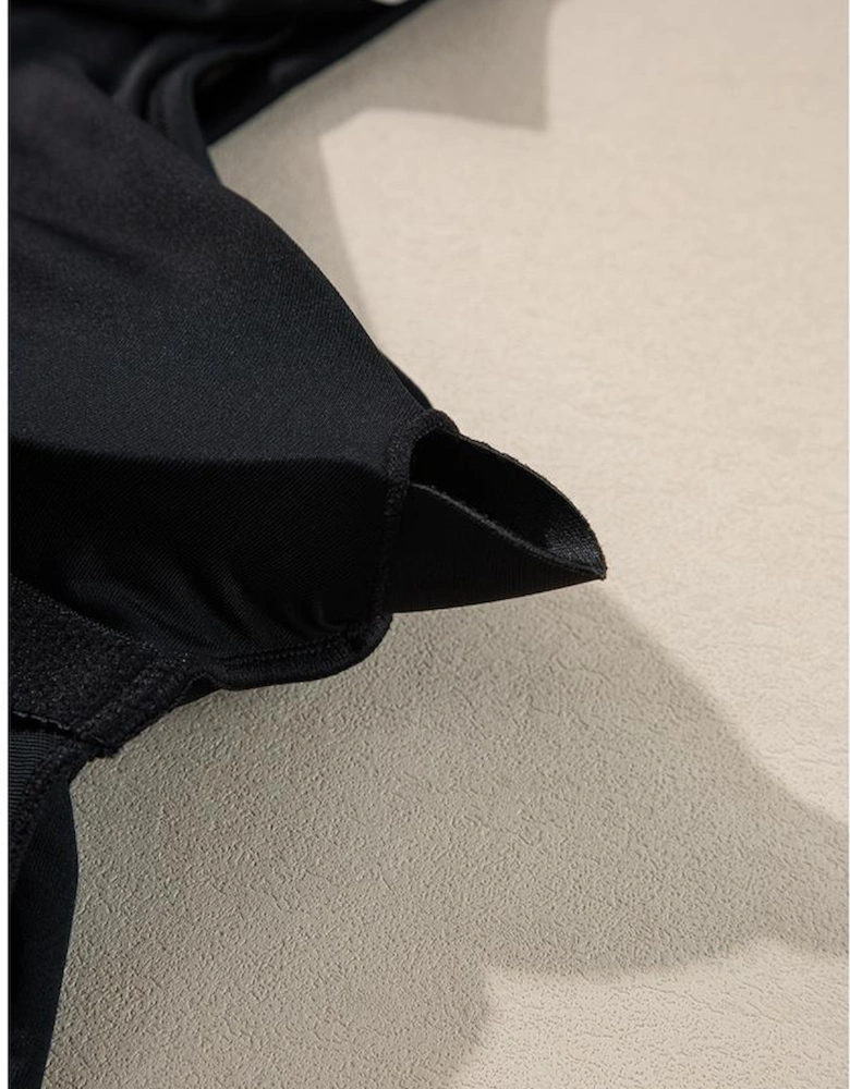 Black Color Contrast Ruffled Wrap V Neck Swimsuit