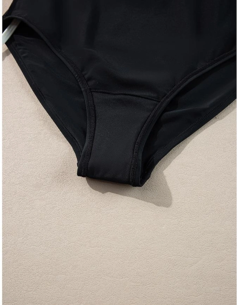 Black Color Contrast Ruffled Wrap V Neck Swimsuit