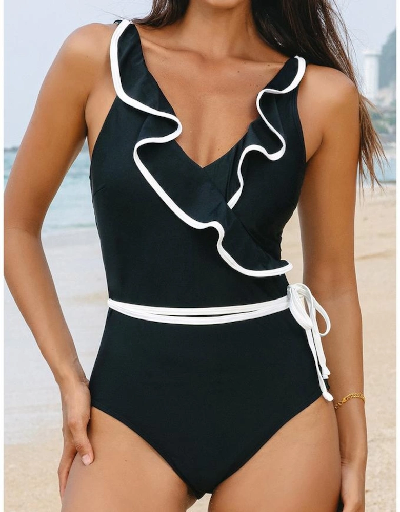 Black Color Contrast Ruffled Wrap V Neck Swimsuit