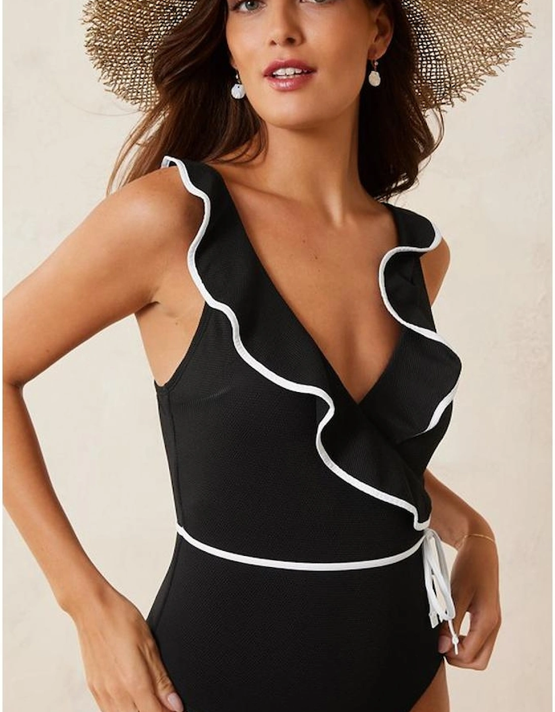 Black Color Contrast Ruffled Wrap V Neck Swimsuit