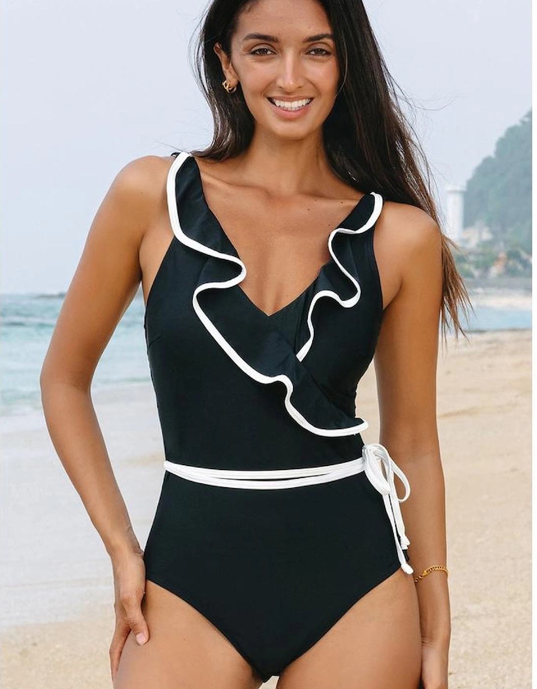 Black Color Contrast Ruffled Wrap V Neck Swimsuit