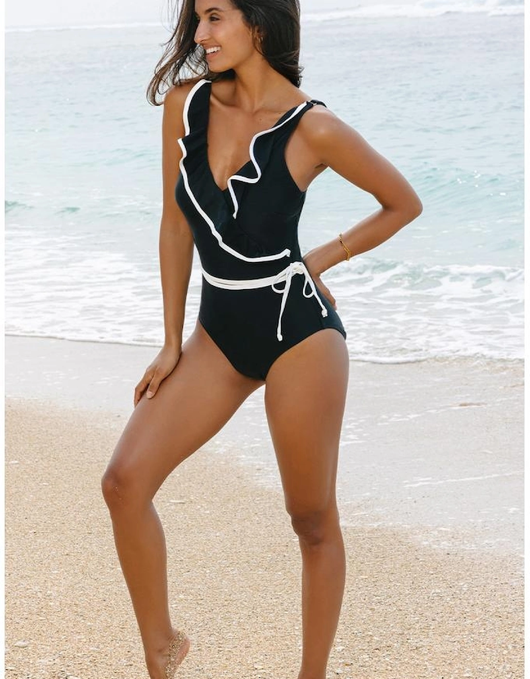 Black Color Contrast Ruffled Wrap V Neck Swimsuit
