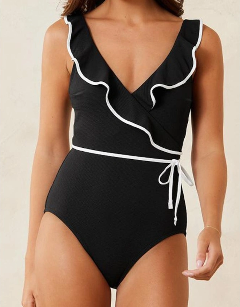 Black Color Contrast Ruffled Wrap V Neck Swimsuit