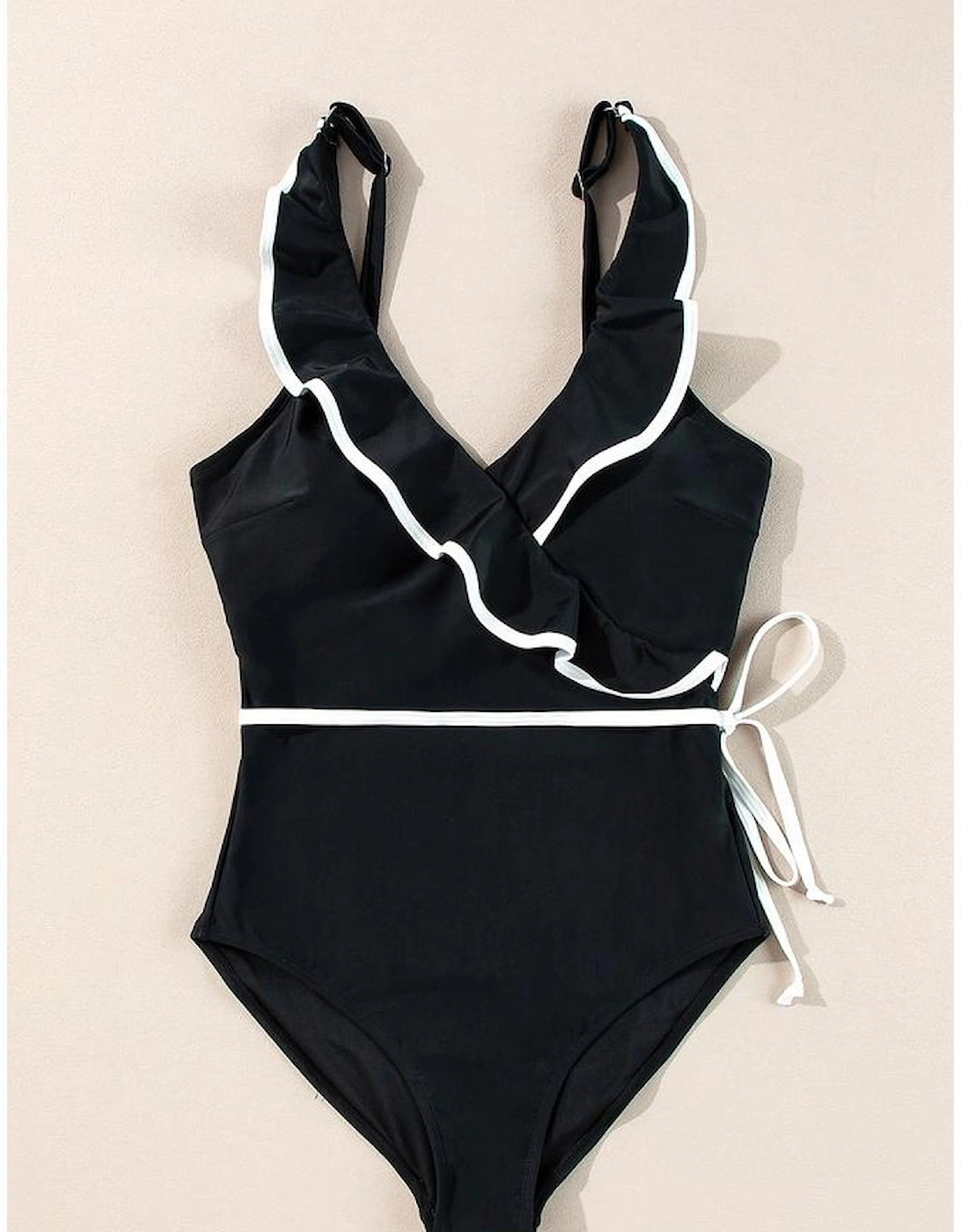Black Color Contrast Ruffled Wrap V Neck Swimsuit