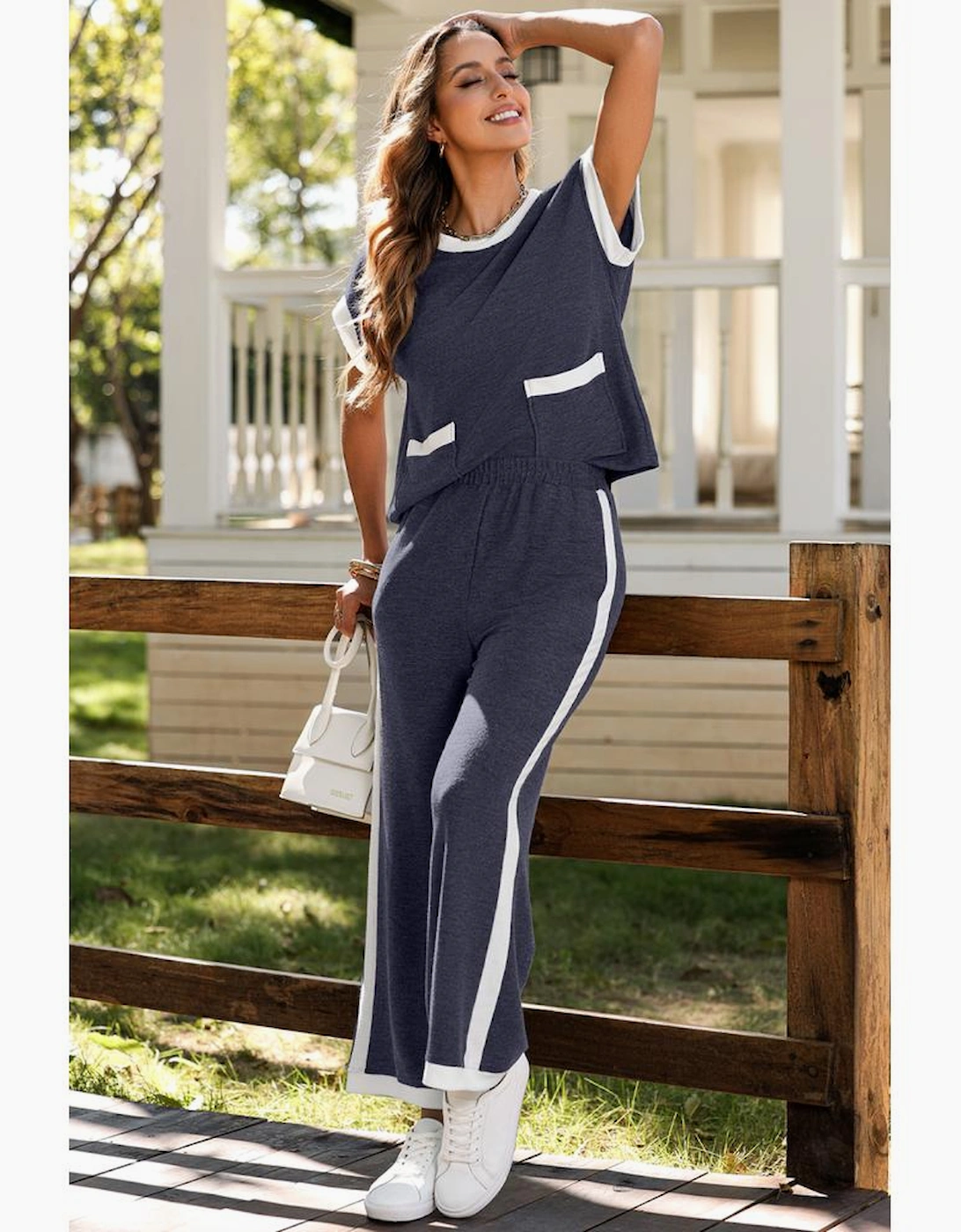 Navy Blue Color Block Pocketed T Shirt and Wide Leg Pants Set, 11 of 10