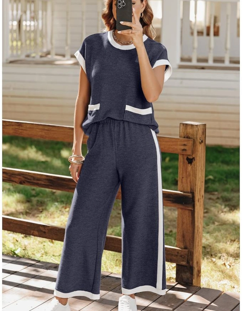 Navy Blue Color Block Pocketed T Shirt and Wide Leg Pants Set