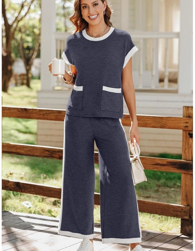 Navy Blue Color Block Pocketed T Shirt and Wide Leg Pants Set