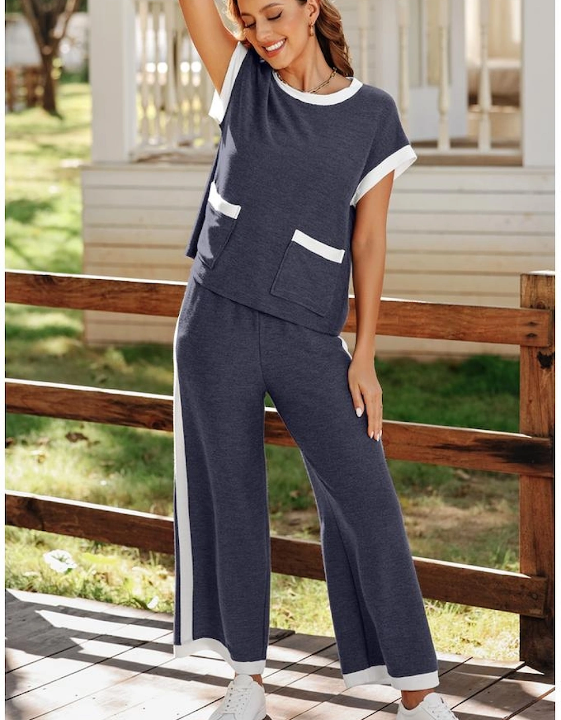 Navy Blue Color Block Pocketed T Shirt and Wide Leg Pants Set