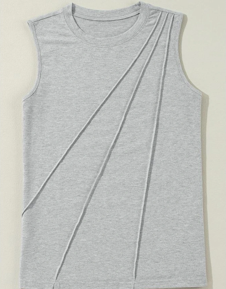 Gray Crew Neck Pleated Tank Top