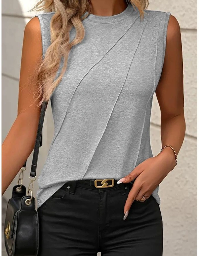 Gray Crew Neck Pleated Tank Top