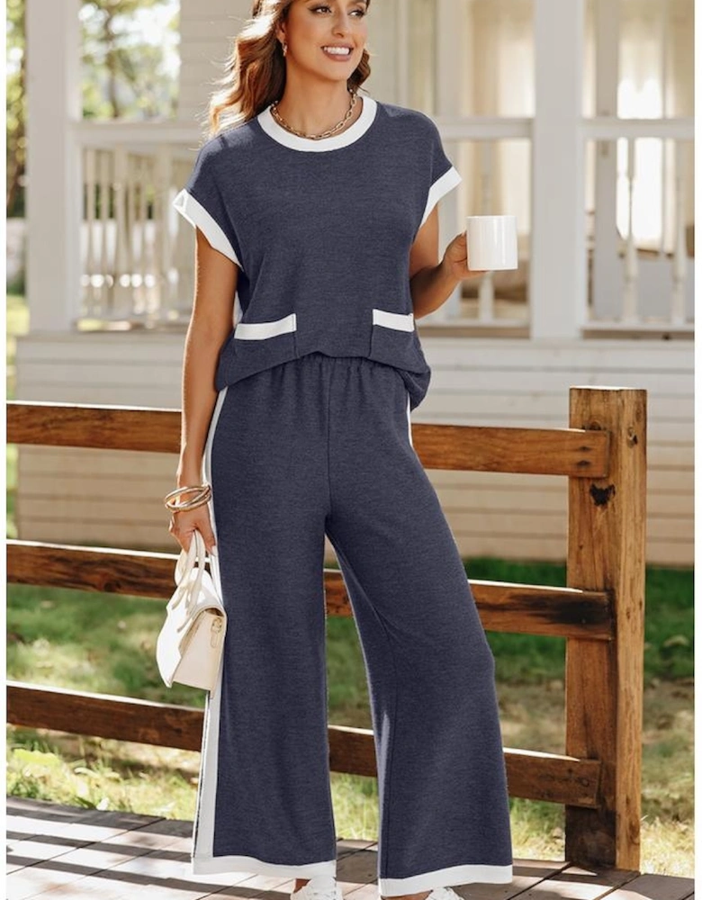 Navy Blue Color Block Pocketed T Shirt and Wide Leg Pants Set