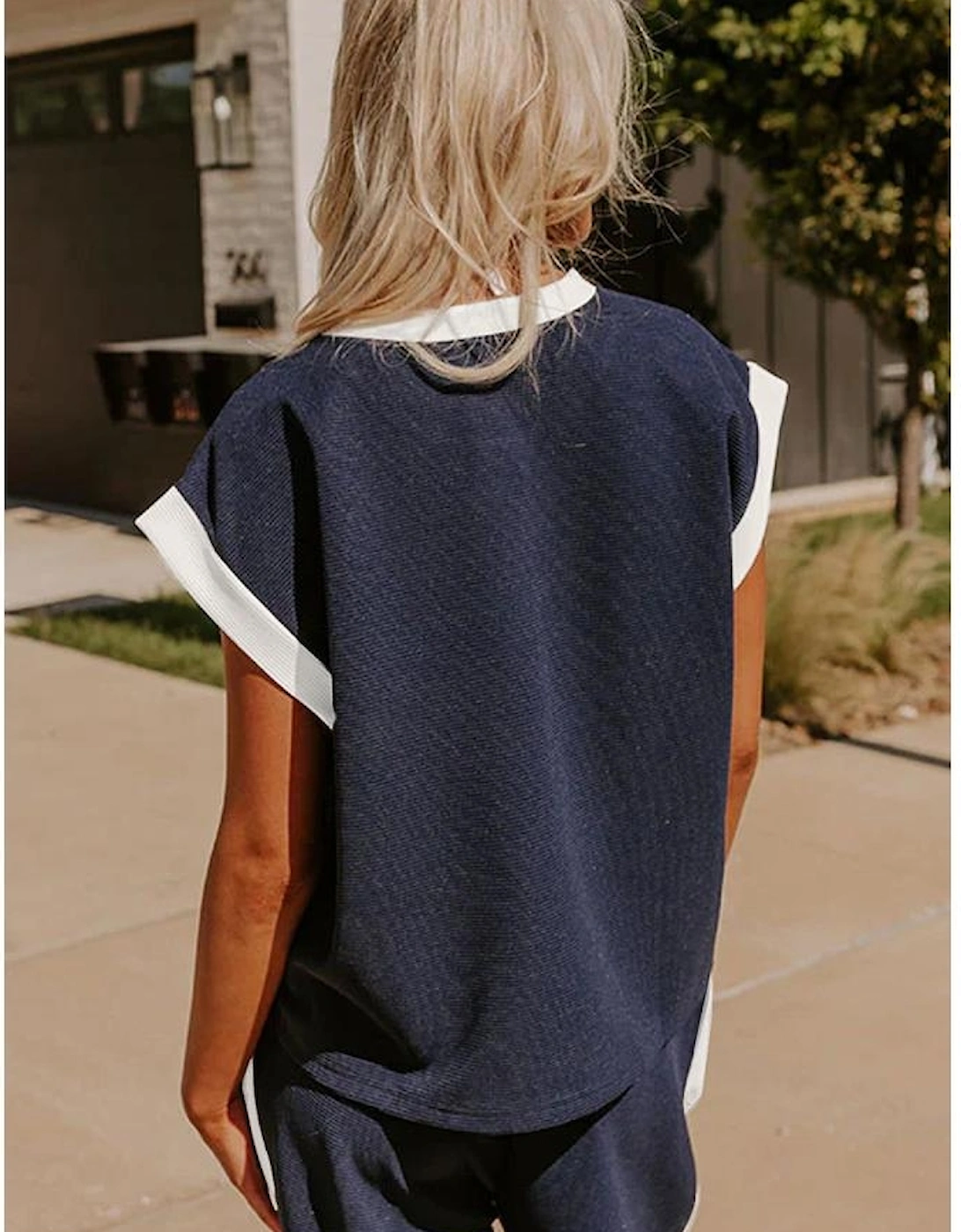 Navy Blue Color Block Pocketed T Shirt and Wide Leg Pants Set