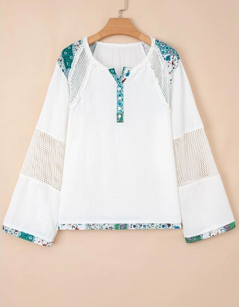 White Plant Mesh Patched Color Block Half Button Blouse