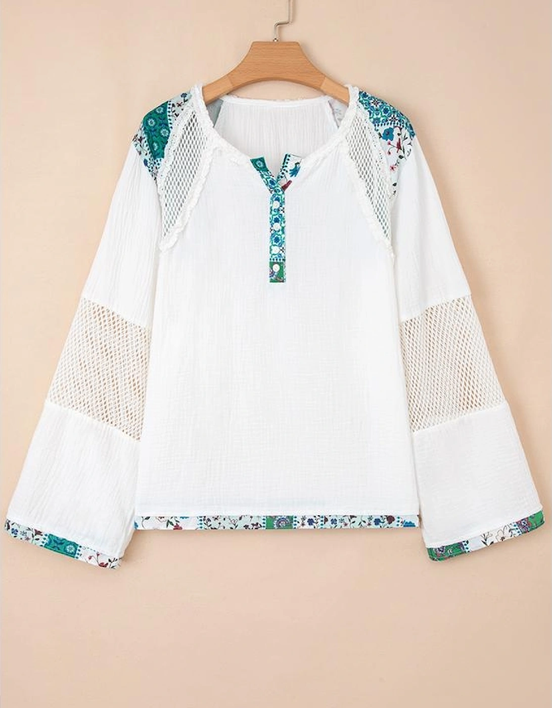 White Plant Mesh Patched Color Block Half Button Blouse