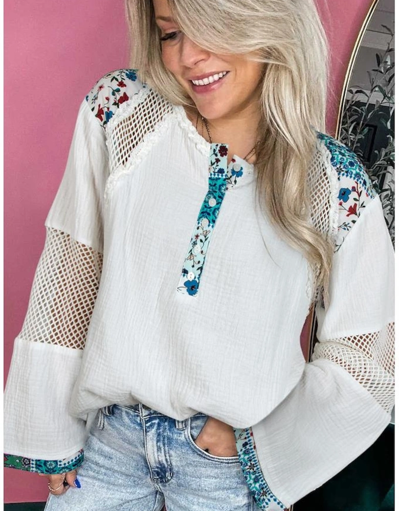 White Plant Mesh Patched Color Block Half Button Blouse