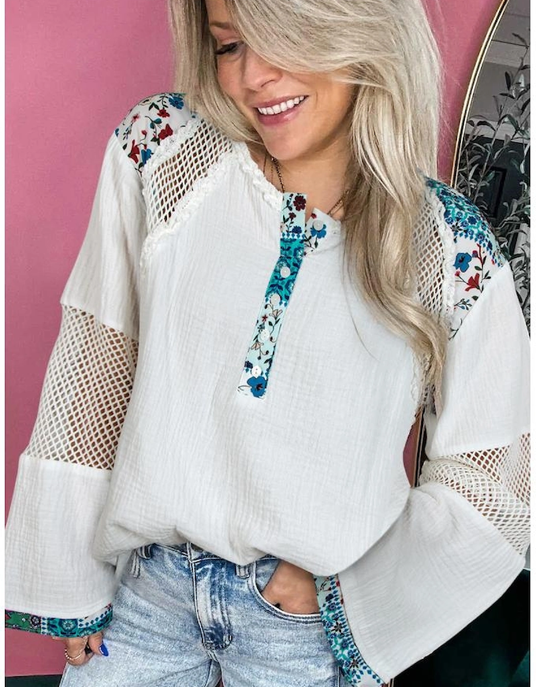 White Plant Mesh Patched Color Block Half Button Blouse