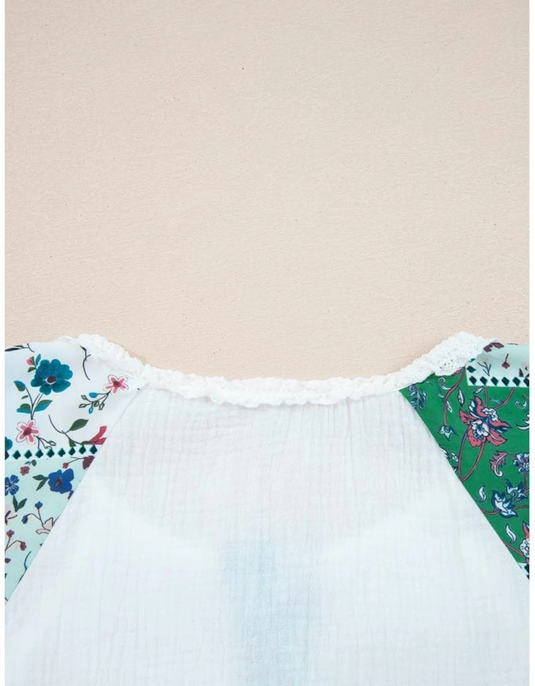 White Plant Mesh Patched Color Block Half Button Blouse