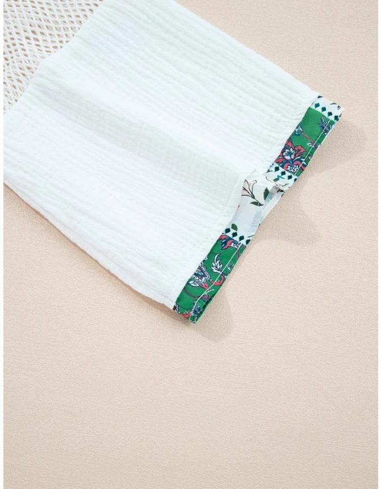 White Plant Mesh Patched Color Block Half Button Blouse