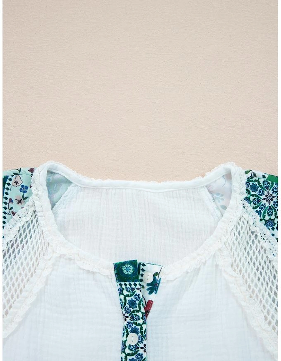 White Plant Mesh Patched Color Block Half Button Blouse