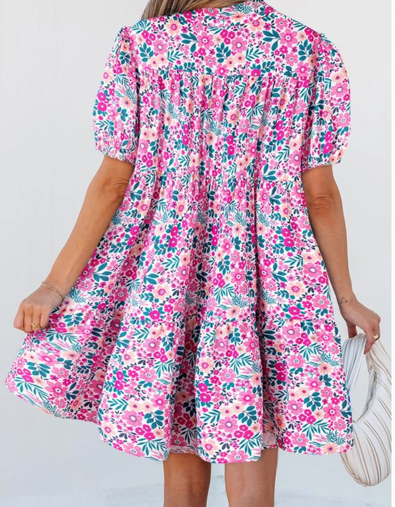 Pink Floral Collared Half Placket Short Sleeve Loose Dress