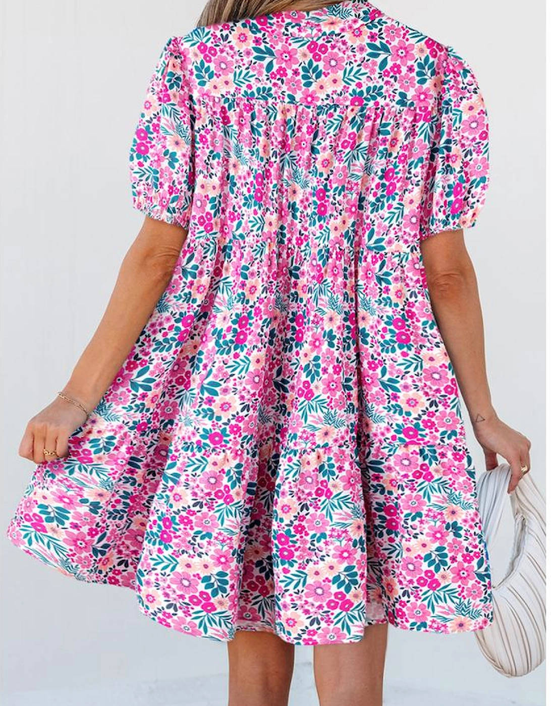 Pink Floral Collared Half Placket Short Sleeve Loose Dress, 11 of 10