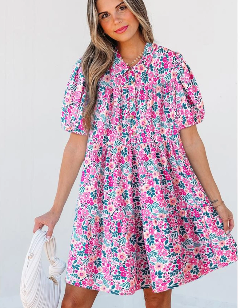 Pink Floral Collared Half Placket Short Sleeve Loose Dress