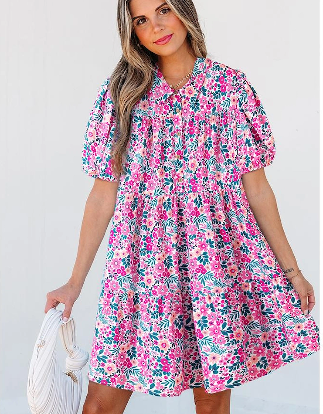 Pink Floral Collared Half Placket Short Sleeve Loose Dress