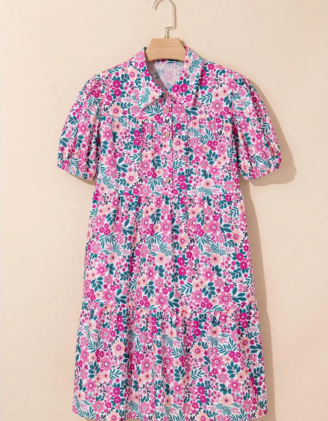 Pink Floral Collared Half Placket Short Sleeve Loose Dress