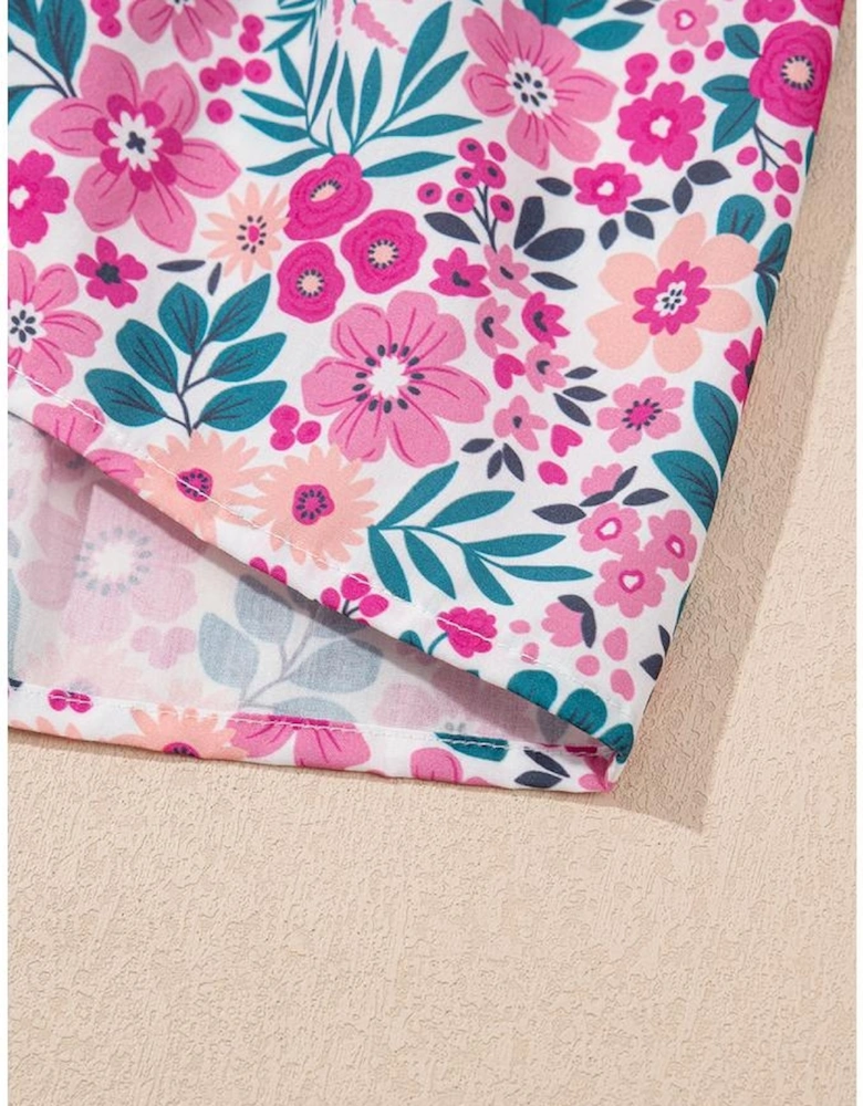 Pink Floral Collared Half Placket Short Sleeve Loose Dress