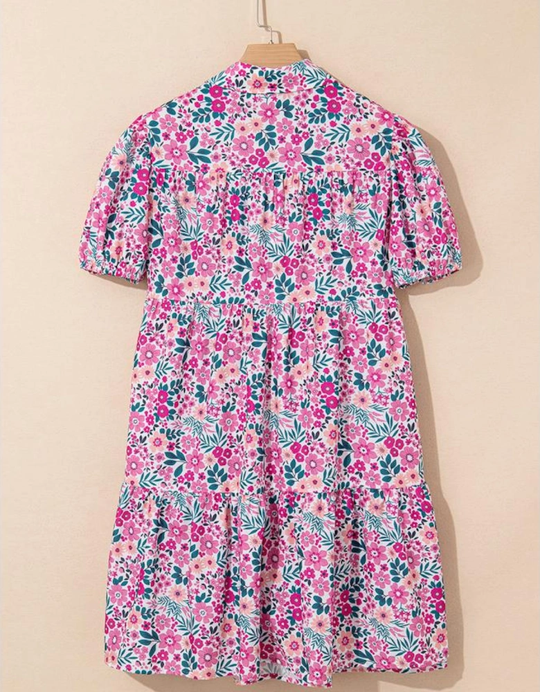Pink Floral Collared Half Placket Short Sleeve Loose Dress