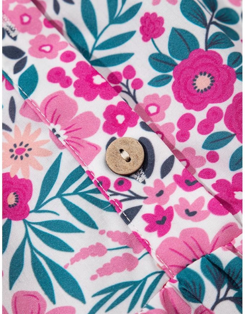 Pink Floral Collared Half Placket Short Sleeve Loose Dress