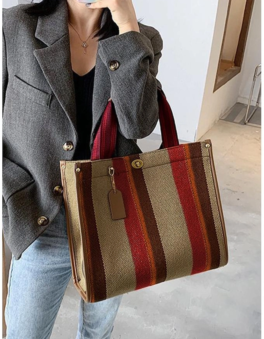 Coffee Random Cutting Color Block Canvas Large Tote Bag, 10 of 9