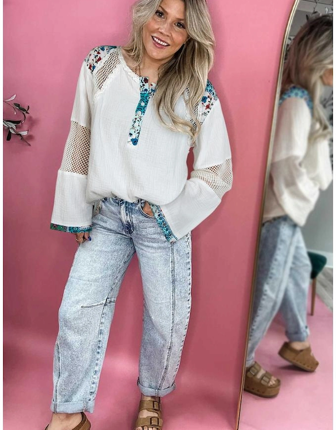 White Plant Mesh Patched Color Block Half Button Blouse, 12 of 11