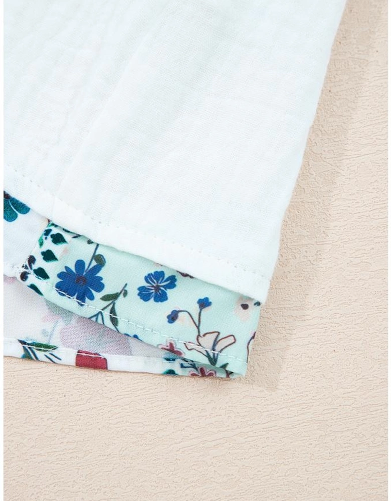 White Plant Mesh Patched Color Block Half Button Blouse