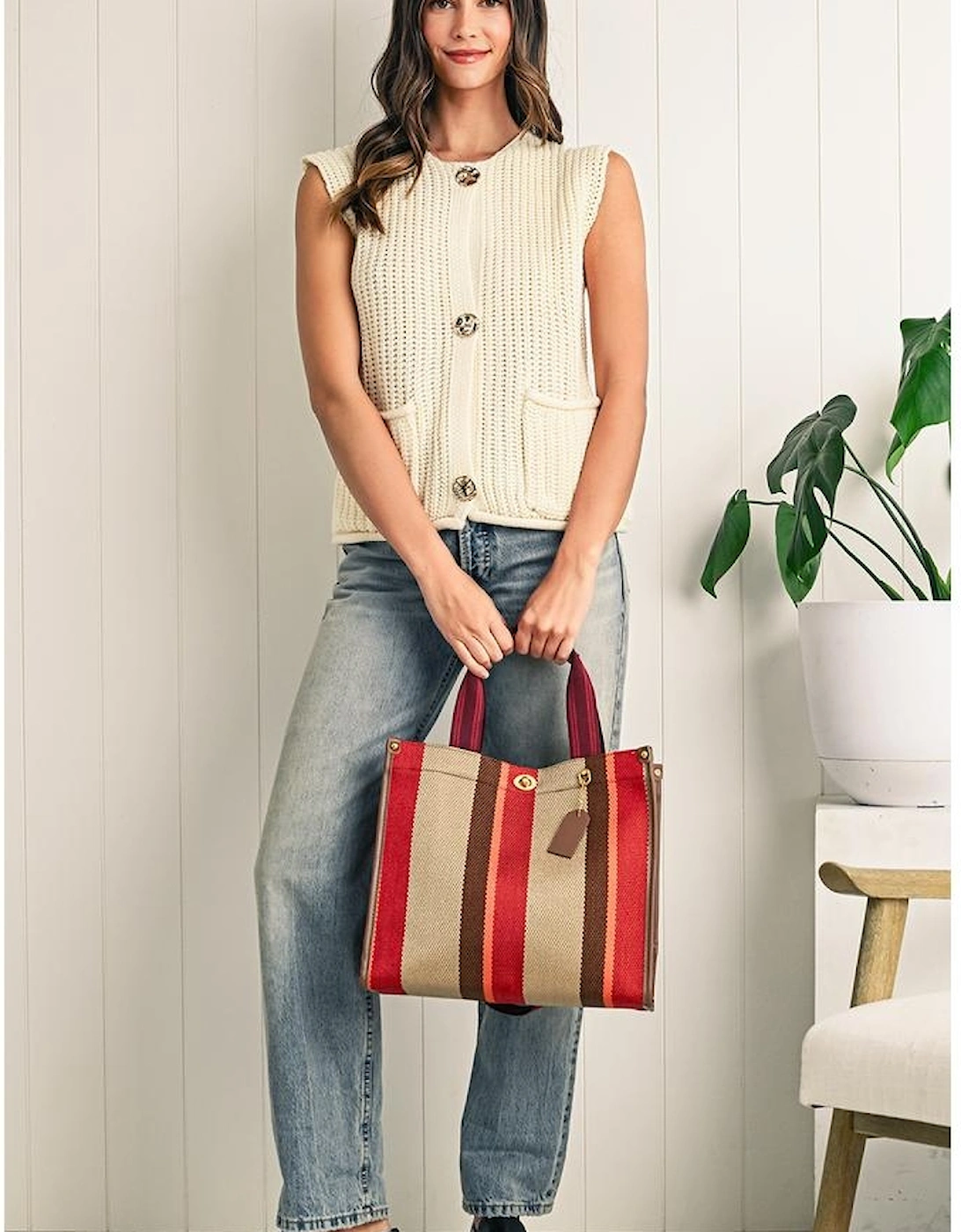 Coffee Random Cutting Color Block Canvas Large Tote Bag