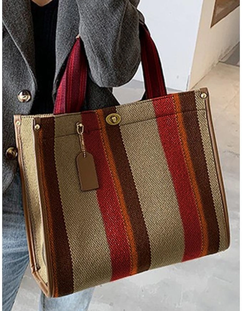 Coffee Random Cutting Color Block Canvas Large Tote Bag