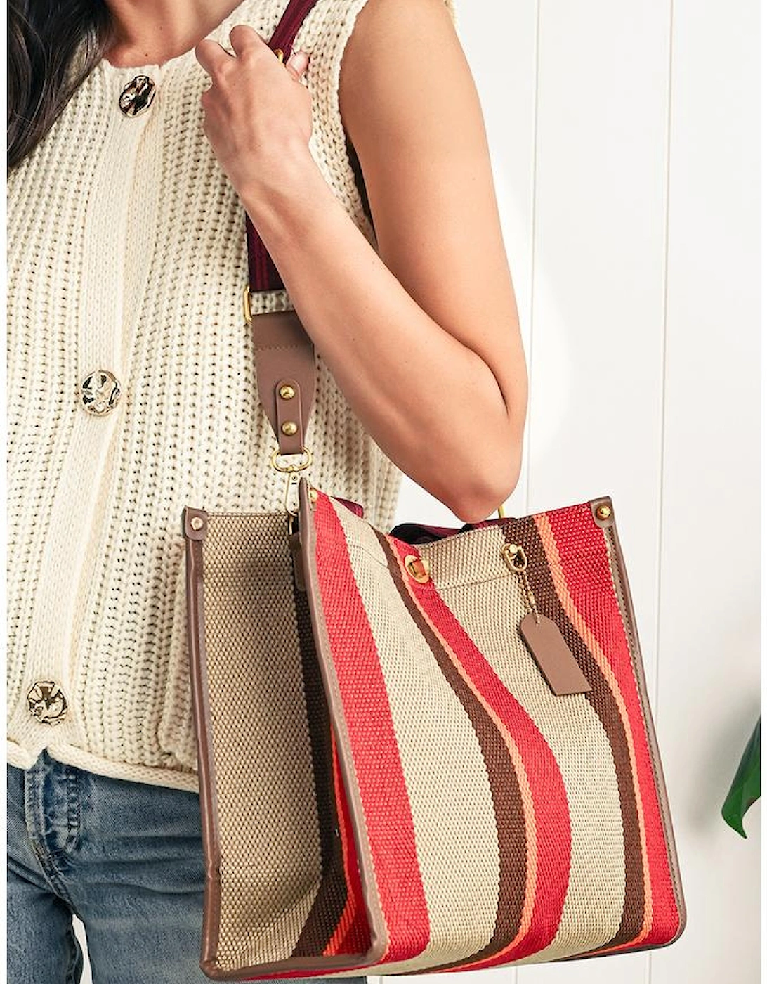 Coffee Random Cutting Color Block Canvas Large Tote Bag