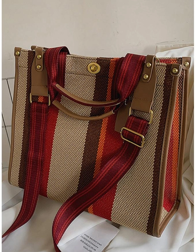 Coffee Random Cutting Color Block Canvas Large Tote Bag