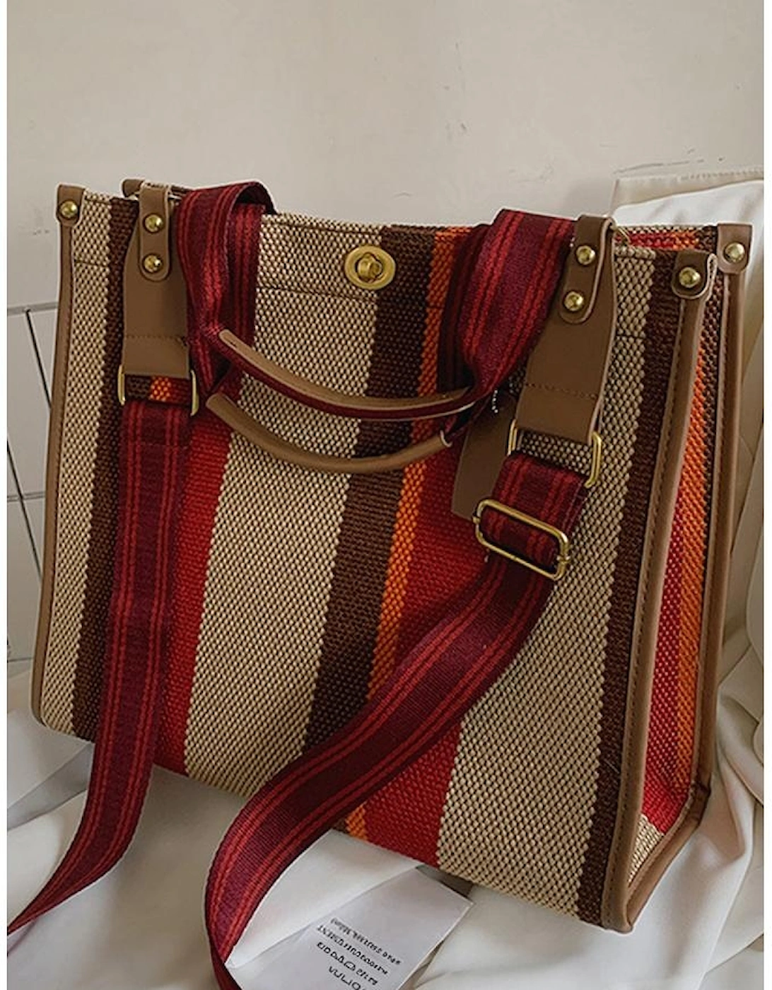 Coffee Random Cutting Color Block Canvas Large Tote Bag