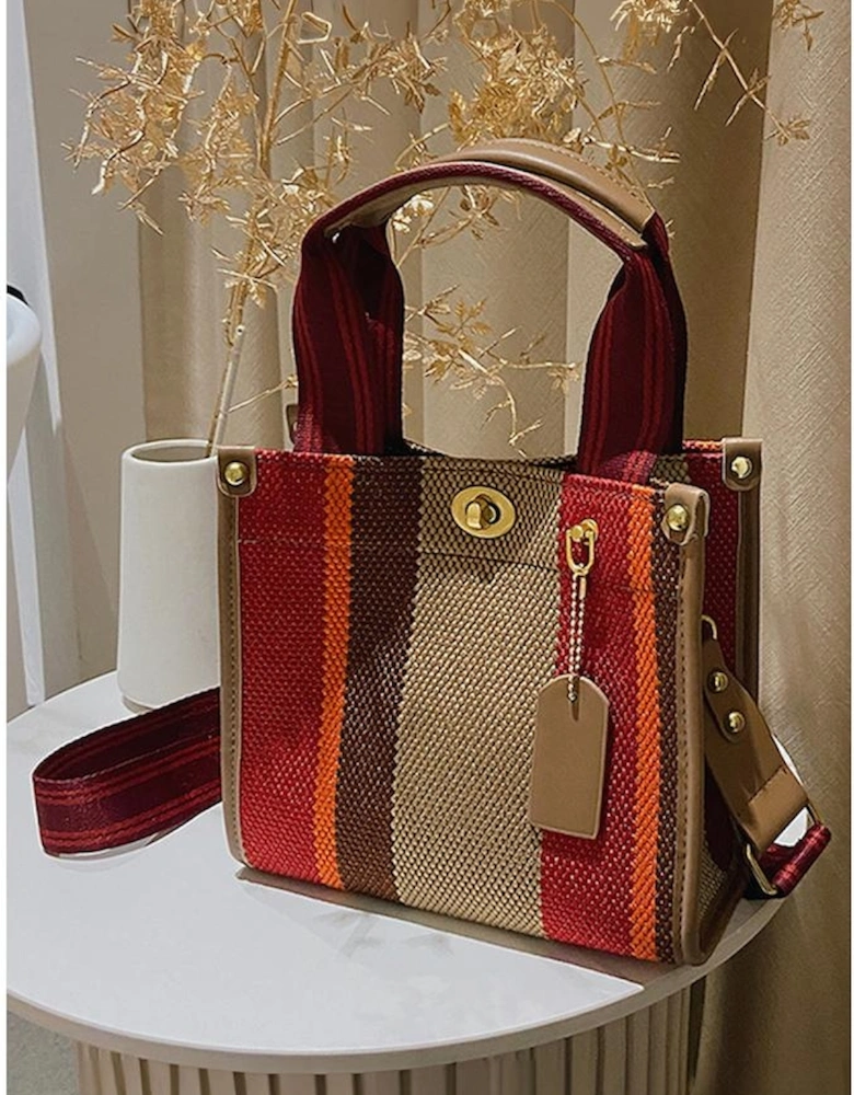 Coffee Random Cutting Color Block Canvas Large Tote Bag