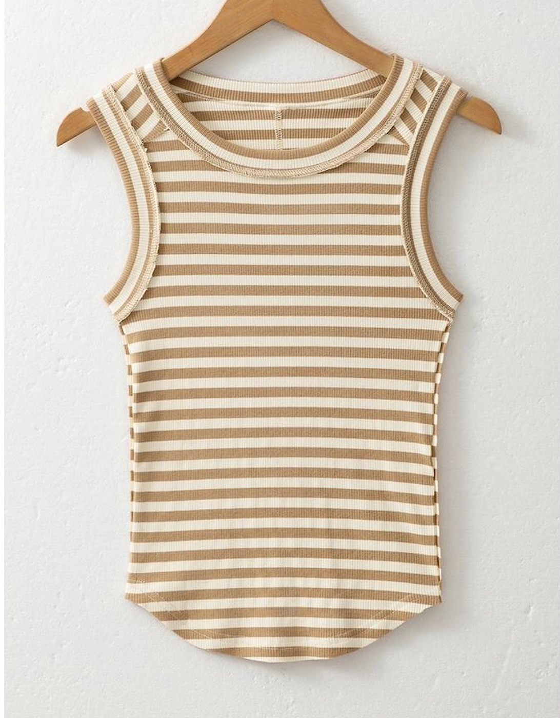 Khaki Stripe Exposed Seam Trim Round Neck Sleeveless Top
