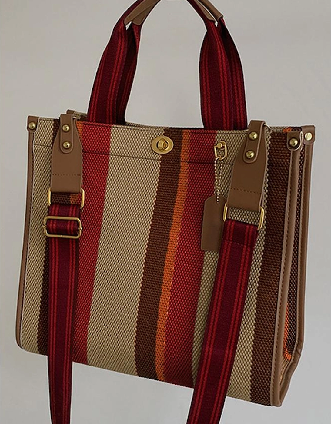 Coffee Random Cutting Color Block Canvas Large Tote Bag