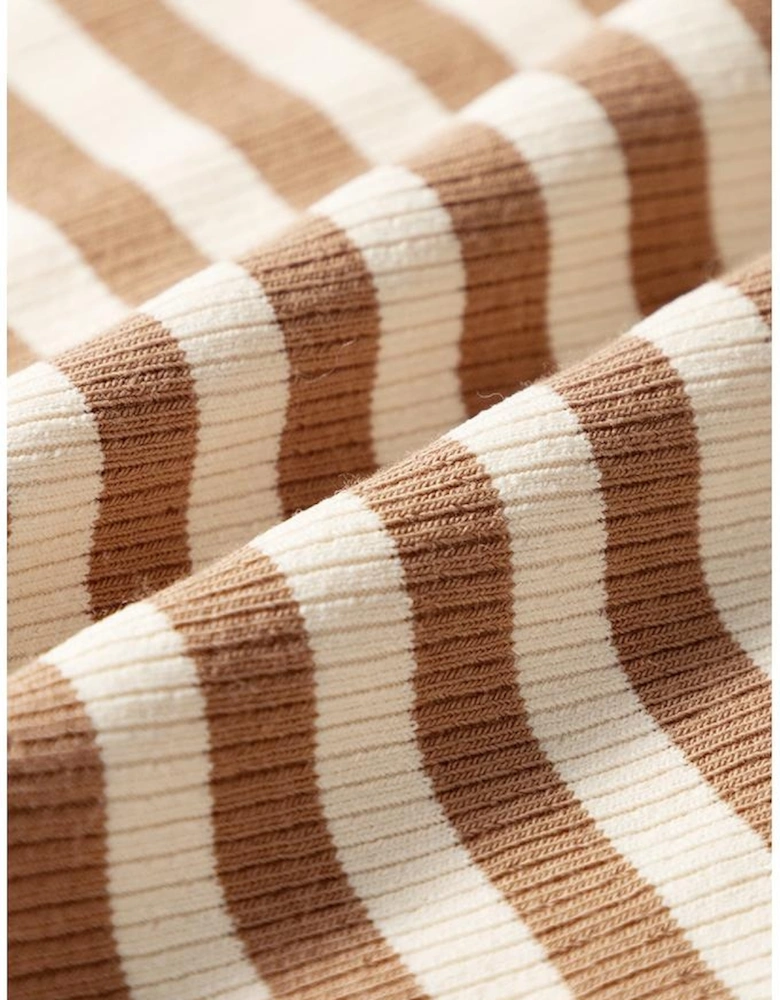 Khaki Stripe Exposed Seam Trim Round Neck Sleeveless Top