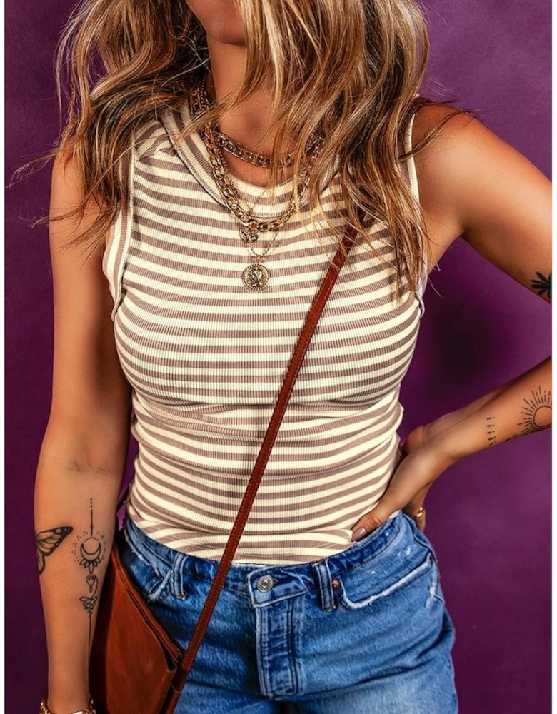Khaki Stripe Exposed Seam Trim Round Neck Sleeveless Top