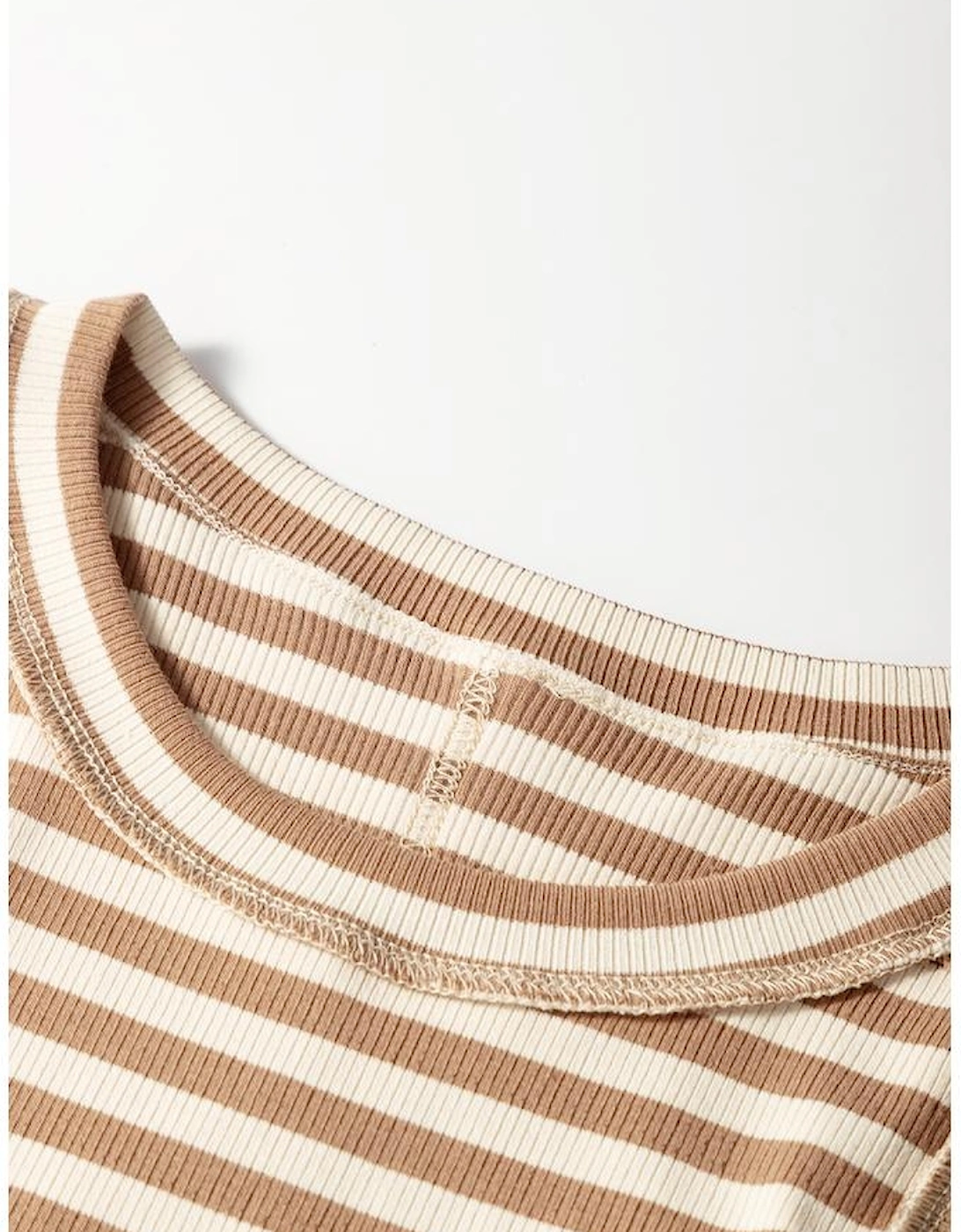 Khaki Stripe Exposed Seam Trim Round Neck Sleeveless Top