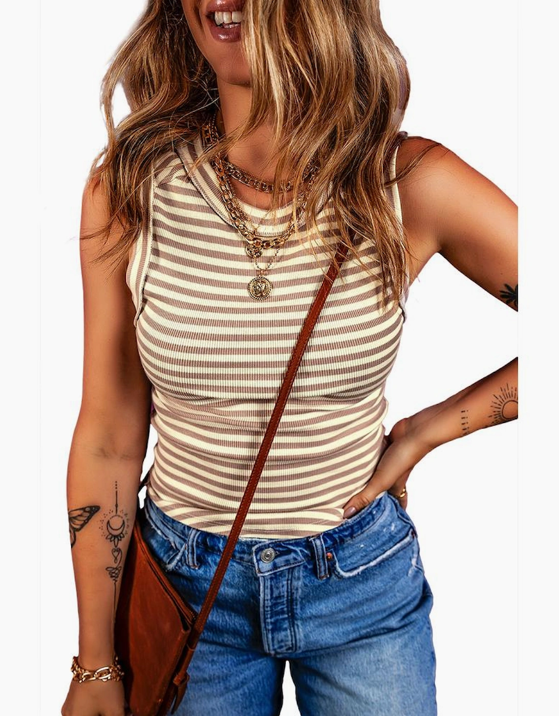 Khaki Stripe Exposed Seam Trim Round Neck Sleeveless Top